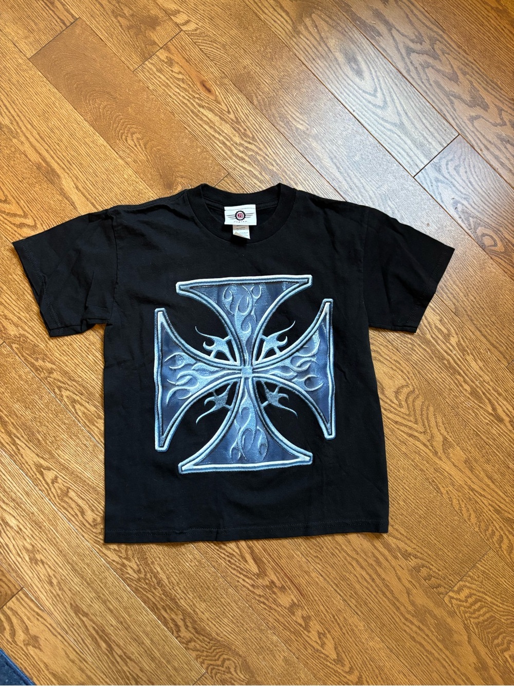 Boys size small Black Tee with Large Blue Cross Graphic